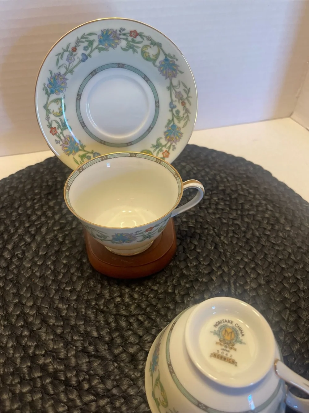 Noritake 1950sTeacup and Saucer Set - Ivory with green and Gold Trim #5042